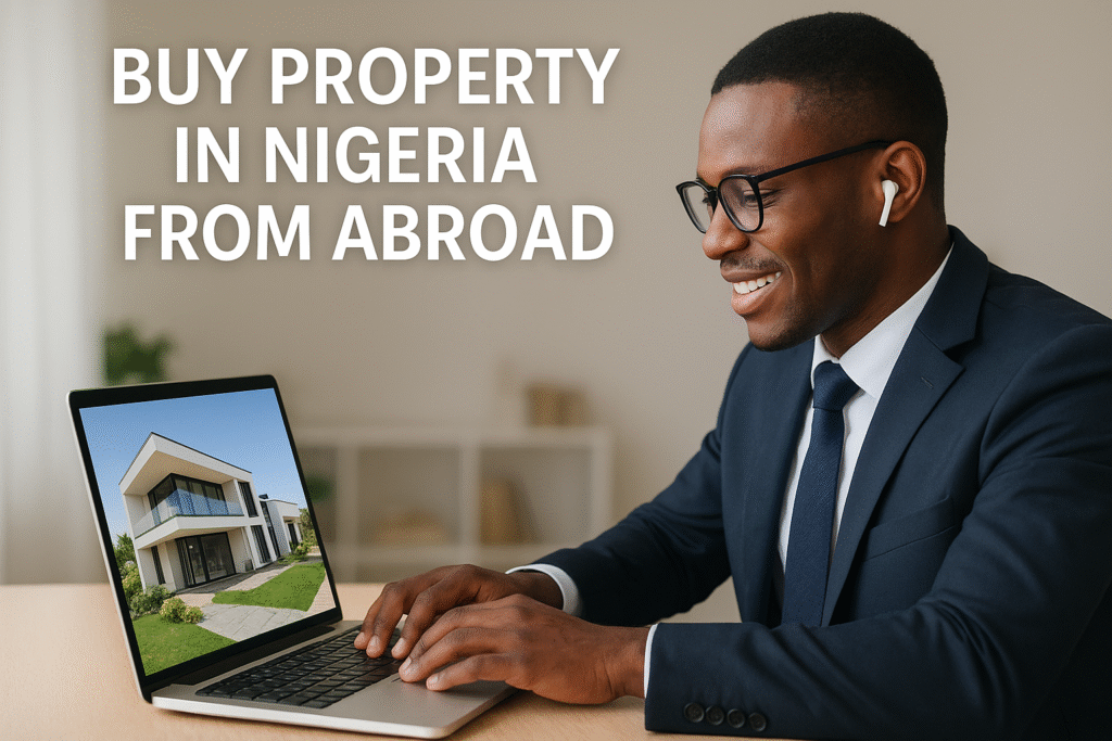 Buy property in Nigeria from abroad – Nigerian diaspora investor viewing real estate online.