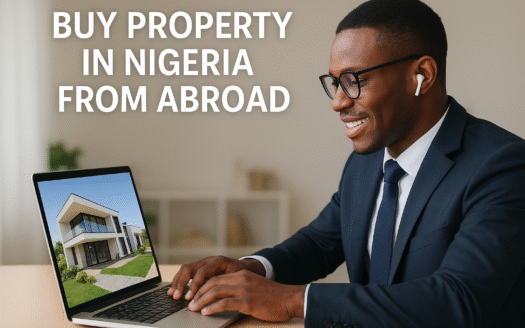 A Nigerian businessman smiling while viewing a modern house online, representing how to buy property in Nigeria from abroad.