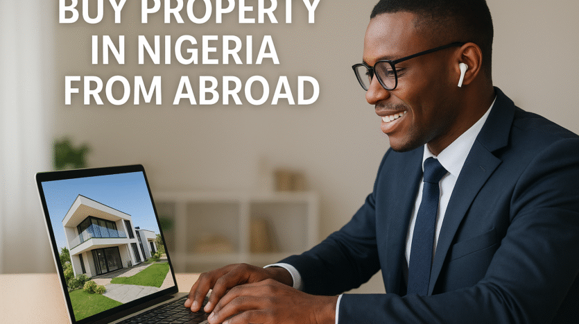 A Nigerian businessman smiling while viewing a modern house online, representing how to buy property in Nigeria from abroad.