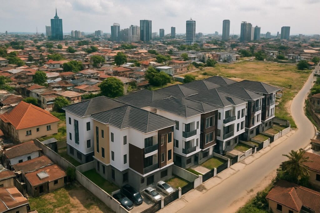 Aerial view of luxury real estate developments and waterfront apartments in Lagos, Nigeria showcasing prime real estate investment opportunities.